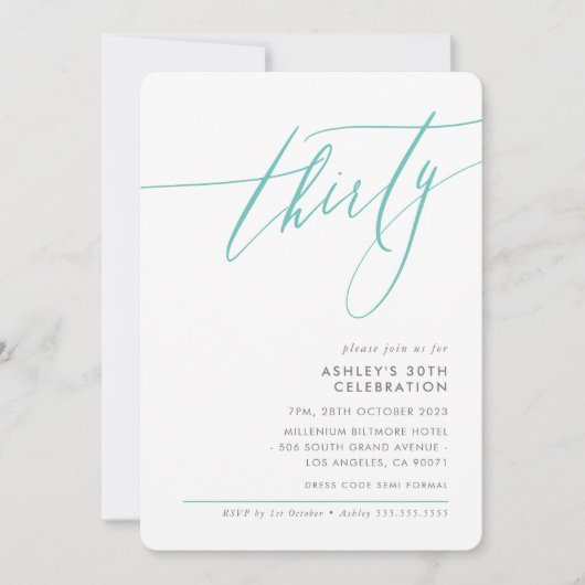 ELEGANT Kalligraphie minimale 30. Party Minze Einladung (Vorderseite)