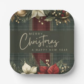 Elegant Kariert & Poinsettia Frohe Weihnachtsfeier Pappteller (Vorderseite)