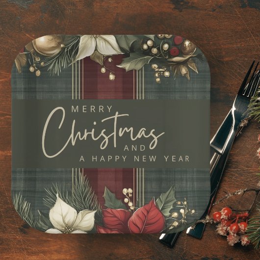 Elegant Kariert & Poinsettia Frohe Weihnachtsfeier Pappteller