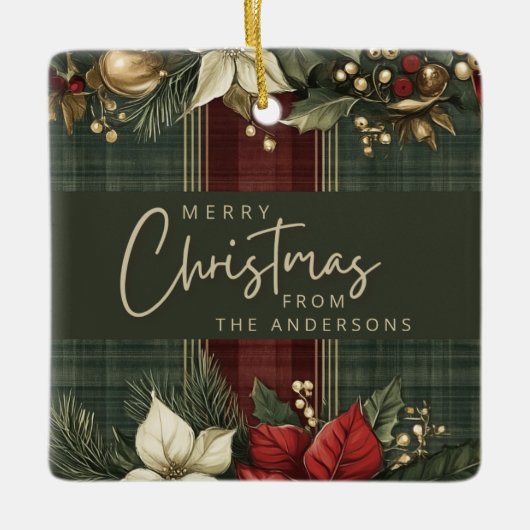 Elegant Kariert Poinsettia Name Frohe Weihnachten Keramikornament (Vorderseite)