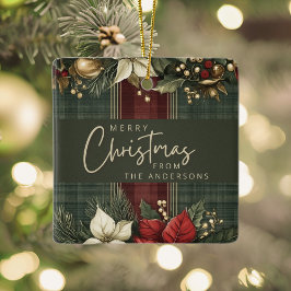 Elegant Kariert Poinsettia Name Frohe Weihnachten Keramikornament