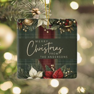 Elegant Kariert Poinsettia Name Frohe Weihnachten Keramikornament