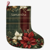 Elegant Kariert & Poinsettia Name Weihnachtsfeiert Großer Weihnachtsstrumpf (Vorderseite)