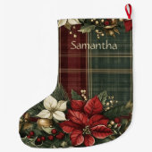 Elegant Kariert & Poinsettia Name Weihnachtsfeiert Großer Weihnachtsstrumpf (Rückseite)