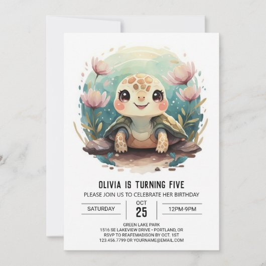 Elegant Kids Turtle Girl Birthday Einladung (Vorderseite)