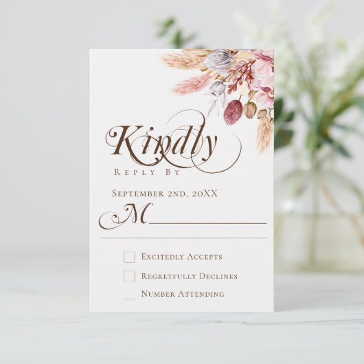 Elegant Kindly Reply Boho Pampas Grass Wedding RSVP Karte (Stehend Vorderseite)
