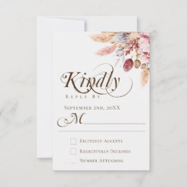 Elegant Kindly Reply Boho Pampas Grass Wedding RSVP Karte