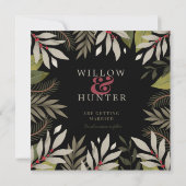 Elegant klassisch gemutelt botanisch auf schwarz save the date (Rückseite)