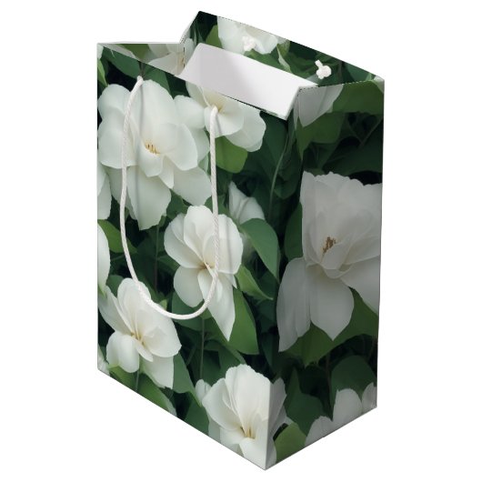 Elegant klassisch grün botanisch weiß Blüte Mittlere Geschenktüte (Rückseite Schrägansicht)