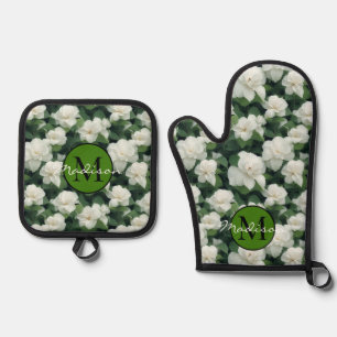 Elegant klassisch grün botanisch weiß Blüte Ofenhandschuh & Topflappen-Set