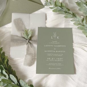 Elegant Klassisch Hellgrün Blatt Monogramm Hochzei Einladung
