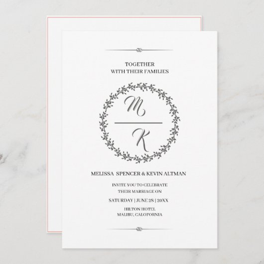 Elegant, klassisch Monogramm Kranz Einladung (Vorne/Hinten)