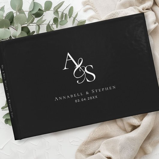 Elegant, klassisch, Monogramm, schwarz, Hochzeit Gästebuch