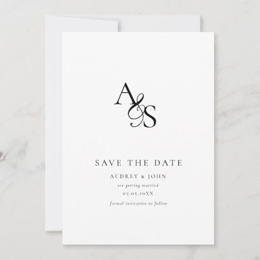 Elegant, klassisch, Monogramm, weiß, Hochzeit Save The Date (Vorderseite)