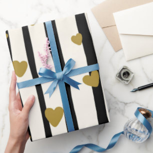 Elegant klassische schwarze Streifen goldenes Herz Geschenkpapier