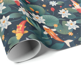 Elegant Koi and Waterlily Wrapping Paper on Indigo Geschenkpapier
