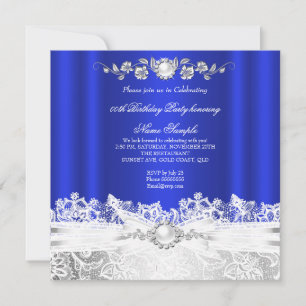 Elegant königsblau-weiße Spitze-Juwel-Bogen-Birthd Einladung