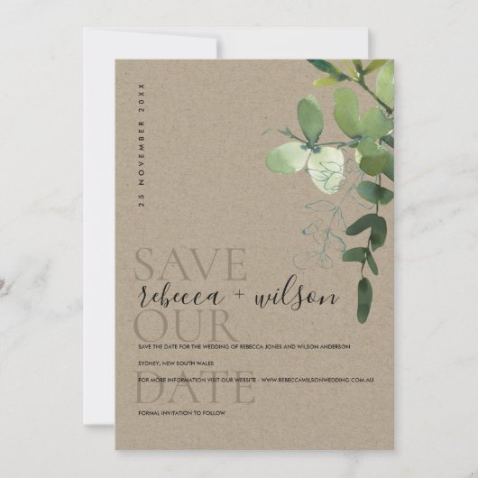 ELEGANT KRAFT GREEN EUCALYPTUS FOLIAGE WATERCOLOR SAVE THE DATE (Vorderseite)
