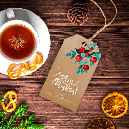 Elegant Kraft Merry Christmas Red Berries Geschenkanhänger