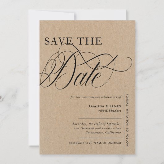 Elegant Kraft Texture Foto Vow Renewal Save The Date (Vorderseite)