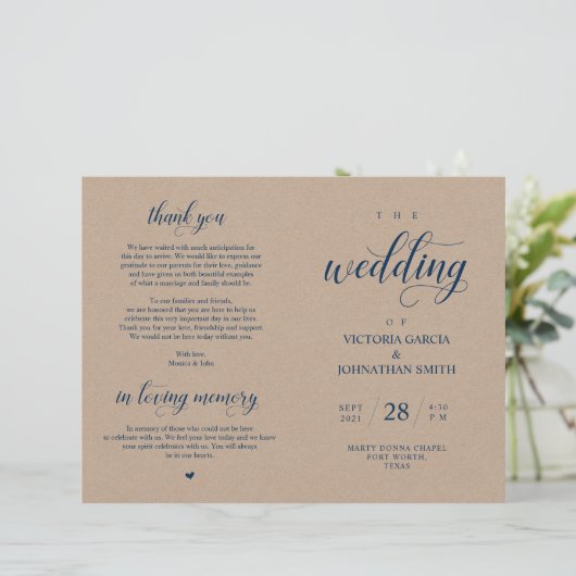 Elegant Kraft Wedding Zeremony Foldable Program (Stehend Vorderseite)