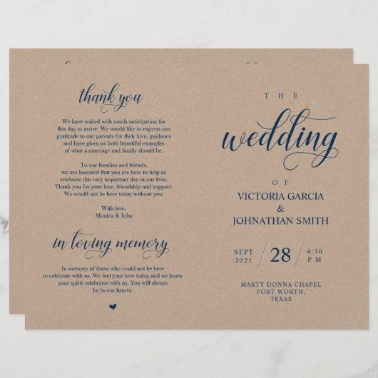 Elegant Kraft Wedding Zeremony Foldable Program (Vorne/Hinten)