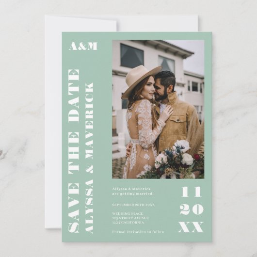 Elegant kühl schlichtes Weiß Grün 2 Fotos Hochzeit Save The Date (Vorderseite)