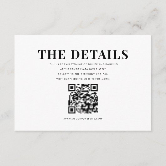 Elegant kühne moderne QR Code Details Hochzeit Begleitkarte (Vorderseite)