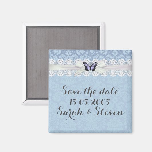 Elegant Lace Blue Butterfly Damask Save the Date Magnet (Vorderseite/Rückseite)