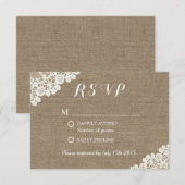 Elegant Lace Corner Burlap Wedding RSVP Karte (Vorne/Hinten)