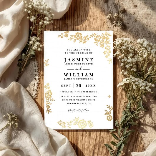 Elegant Lace Floral Rustic Gold QR Code Wedding Einladung