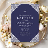 Elegant Lace Navy Blue Baby Boy Baptism Einladung