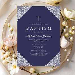 Elegant Lace Navy Blue Baby Boy Baptism Einladung