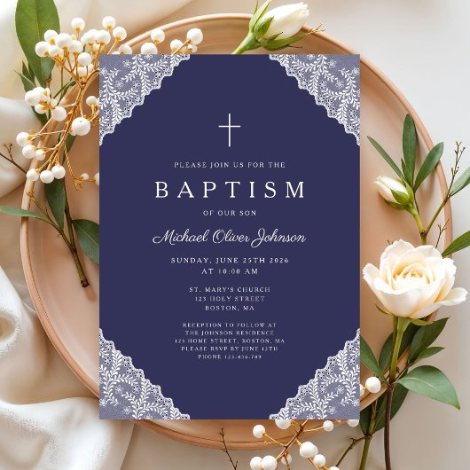 Elegant Lace Navy Blue Baby Boy Baptism Einladung