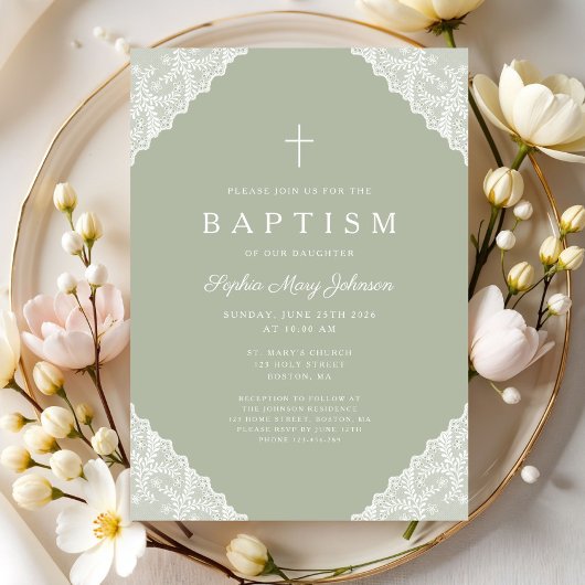 Elegant Lace Sage Green Baptism Einladung