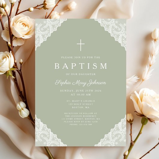 Elegant Lace Sage Green Baptism Einladung