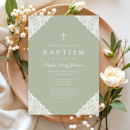 Elegant Lace Sage Green Baptism Einladung