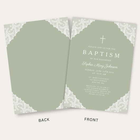 Elegant Lace Sage Green Baptism Einladung