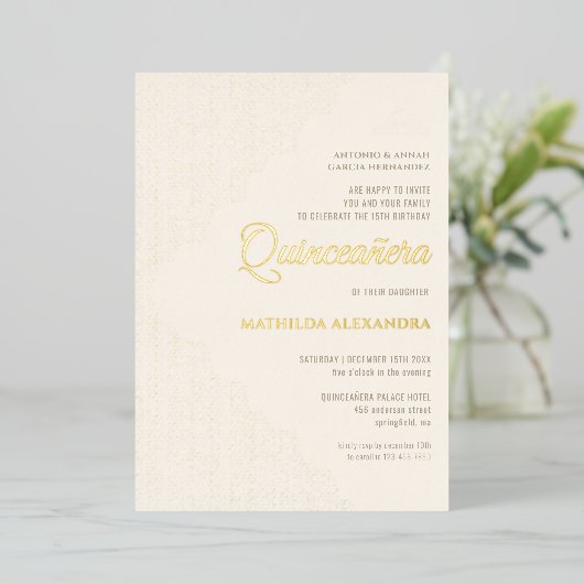 Elegant Lace Tiara Quinceanera Gold Folieneinladung (Stehend vorne)
