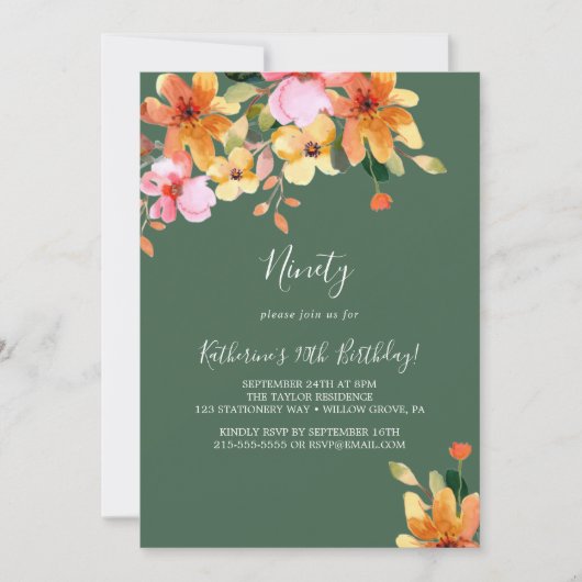 Elegant lackierte Blumen 90. Geburtstag Einladung (Vorderseite)