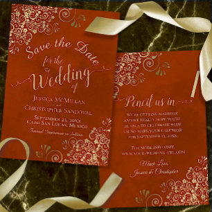 Elegant Lacy Gold Filigree on Rust Orange Wedding Save The Date