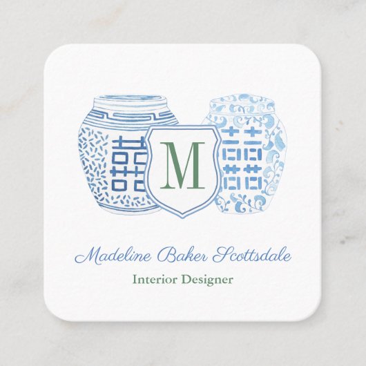 Elegant Lady Chinoiserie Monogram Quadratische Visitenkarte (Vorderseite)