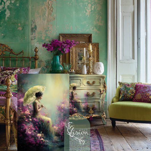Elegant Lady & Parasol sitting, Ethereal Floral  Seidenpapier
