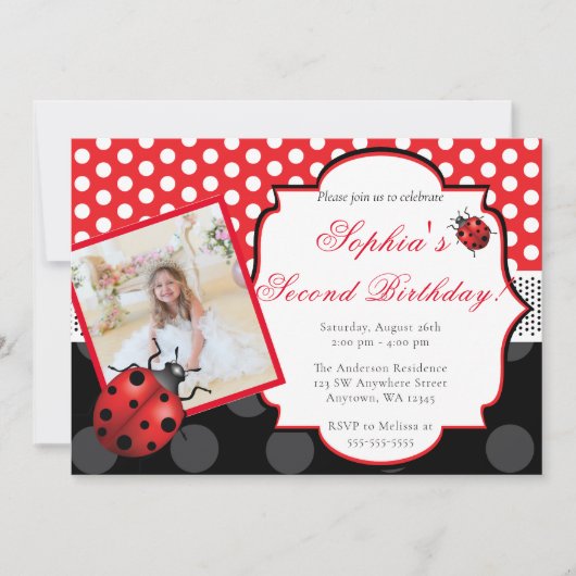 Elegant Ladybug Polka dot Birthday Einladung (Vorderseite)
