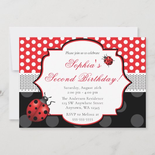 Elegant Ladybug Polka dot Birthday Einladung (Vorderseite)