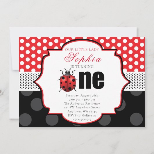 Elegant Ladybug Polka dot First Birthday Einladung (Vorderseite)