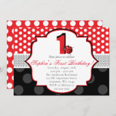 Elegant Ladybug Polka dot First Birthday Einladung (Vorne/Hinten)