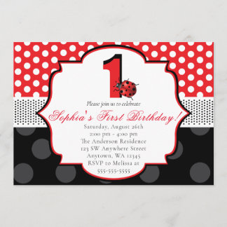 Elegant Ladybug Polka dot First Birthday Einladung