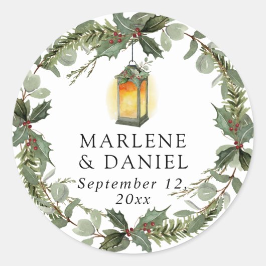 Elegant Lantern Winter White n Red Holly Envelope Runder Aufkleber (Vorderseite)
