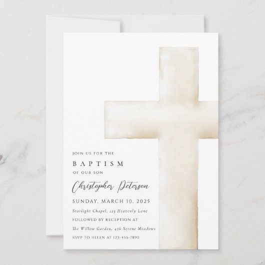 Elegant Large White Cross Baptism Invitation Einladung (Vorderseite)